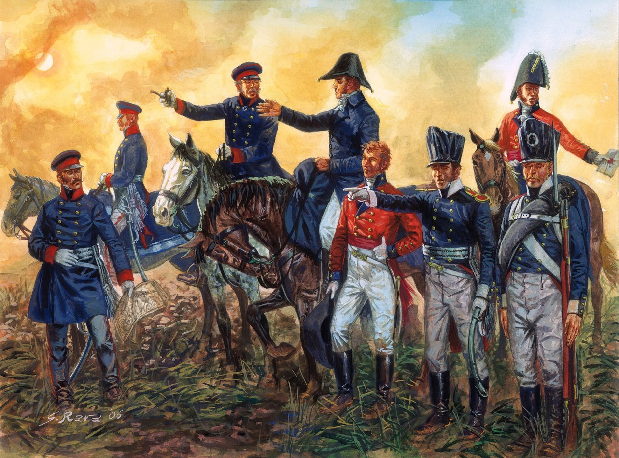 Napoleonská válka: Arthur Wellesley, vévoda z Wellingtonu (1769-1852) velící britským vojskům a Gebhard Leberecht von Blucher (1742-1819) velící pruské armádě v bitvě u Waterloo 18.6.1815 - (Napoleonské války: velitelé vévoda z Wellingtonu pro od Giuseppe Rava