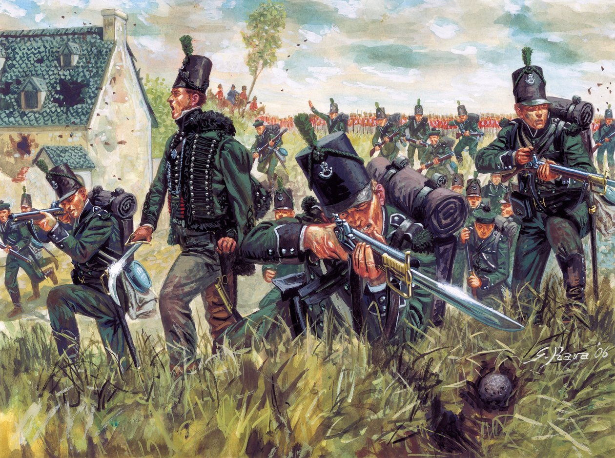 Napoleonská válka: Britští střelci z 95th Regiment of Rifliers brání pískový lom v bitvě u Waterloo 18/06/1815 - (Napoleonic wars: british riflemen defending a sand quarry during the battle of Waterloo on the 18th June 1815) Ilustrace: Giusep od Giuseppe Rava