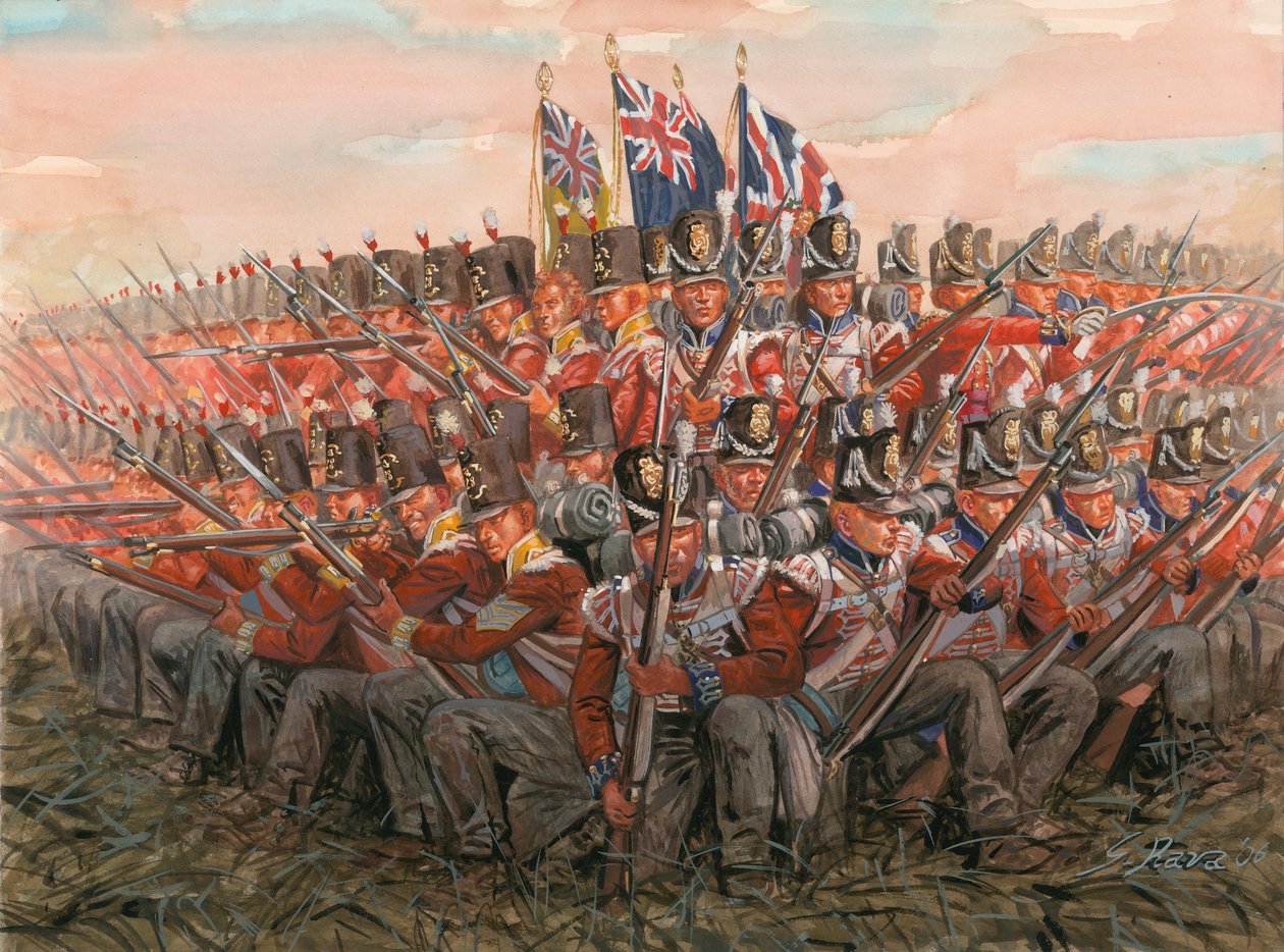 Napoleonské války: Angličtí vojáci během bitvy u Waterloo 18. června 1815 Ilustrace Giuseppe Rava od Giuseppe Rava
