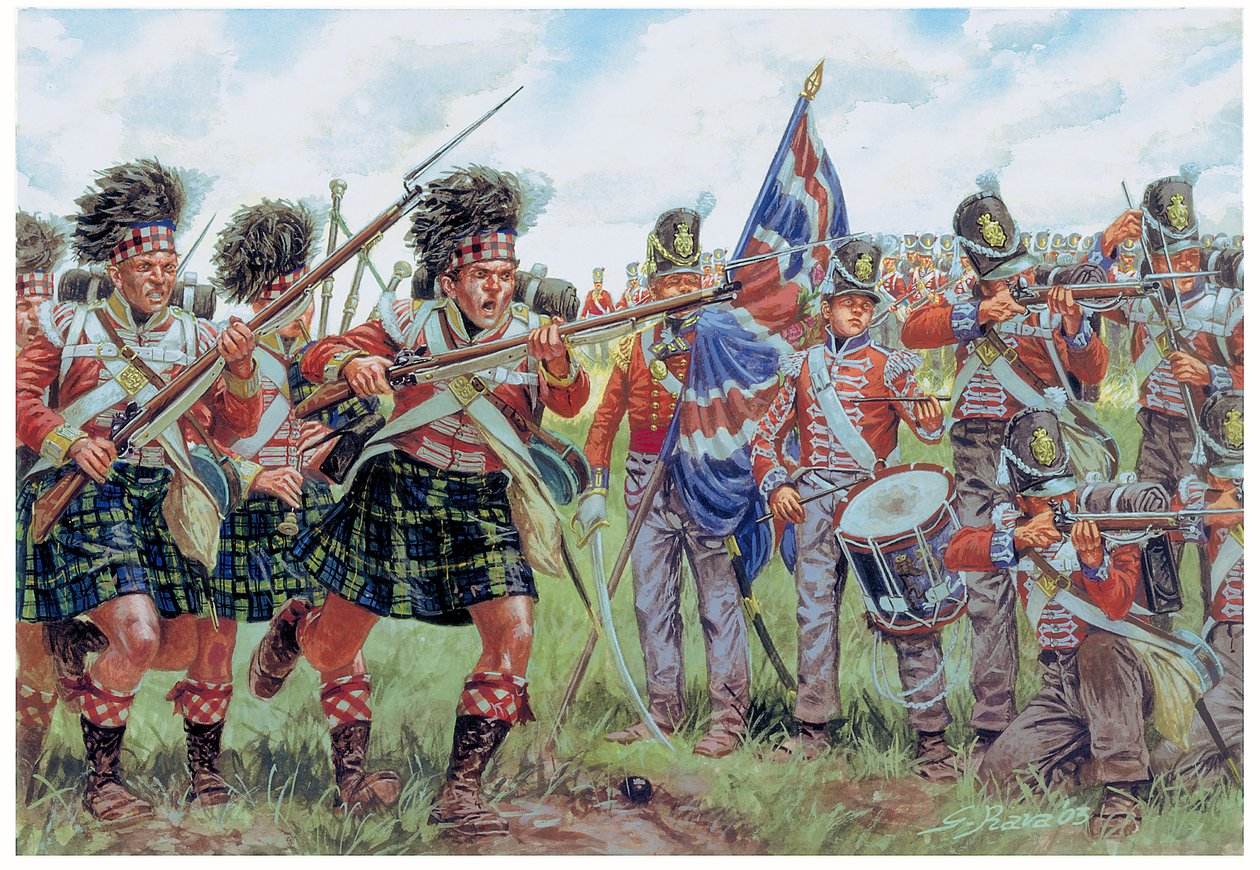Napoleonské války: skotští a britští vojáci v bitvě u Waterloo 18. června 1815 Ilustrace Giuseppe Rava od Giuseppe Rava
