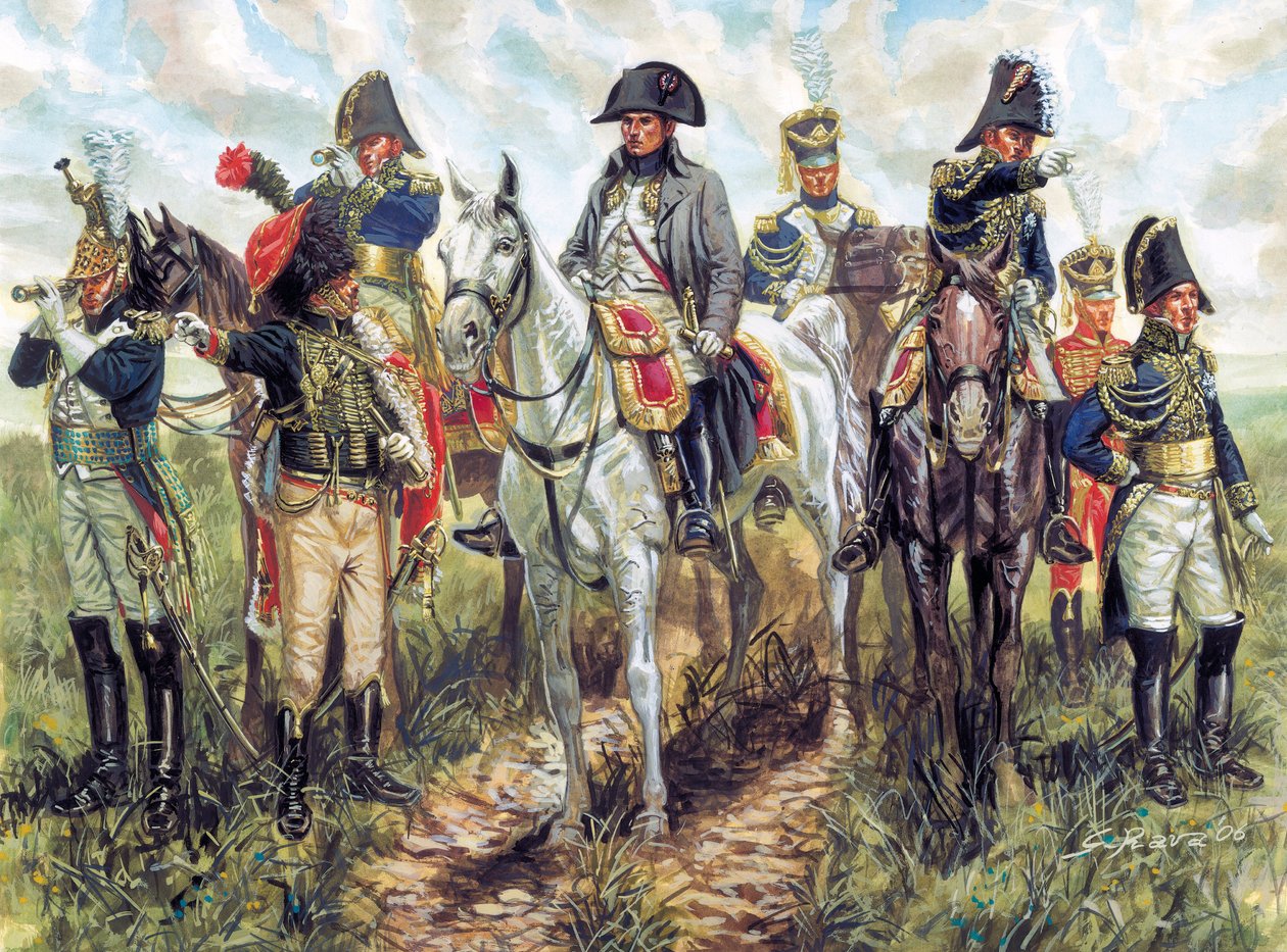 Portrét Napoleona I. (1769-1821) a jeho štábu - Portrét francouzského císaře Napoleona I. a jeho štábu - Ilustrace Giuseppe Rava od Giuseppe Rava