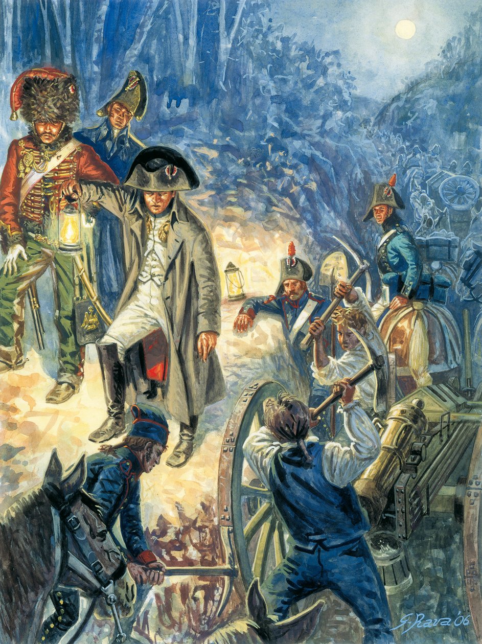 Prusko-polské tažení: Císař Napoleon I. (1769-1821) v předvečer bitvy u Jeny a Auerstaedtu 14. 10. 1805 - Císař Napoleon I. v noci před bitvou u Jeny-Auerstedtu (Jena Auerstedt) proti pruské armádě 14. října 1805 - Ilustrace od Giuseppe Rava
