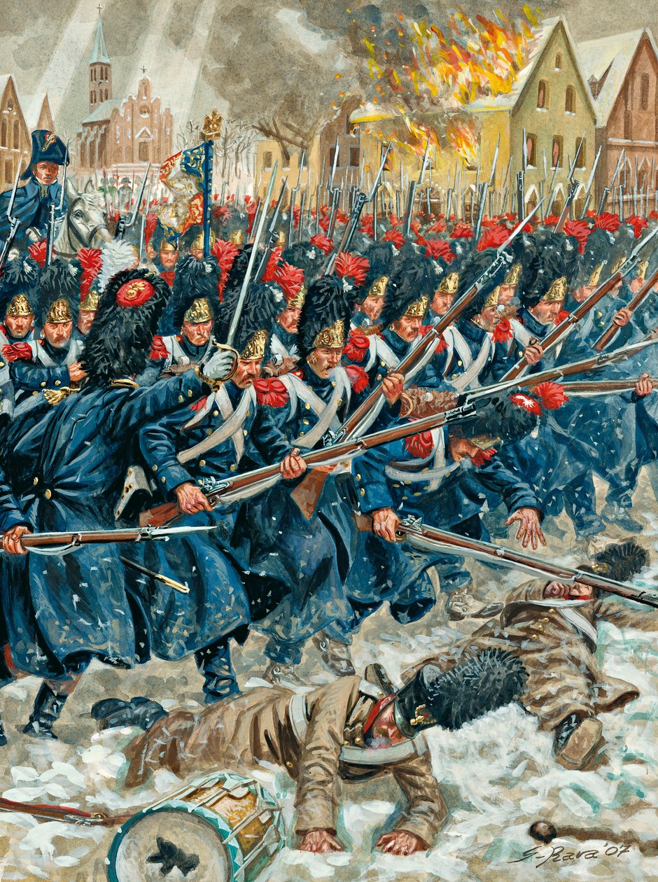 Pruské tažení: "Zbraň v paži" Granátníci císařské gardy v bitvě u Eylau 8. 2. 1807 - Pruské tažení: Bitva u Eylau (nebo bitva u Preussisch-Eylau) 7. a 8. února 1807 mezi Napoleonovou Grande Armee a ruskou E od Giuseppe Rava