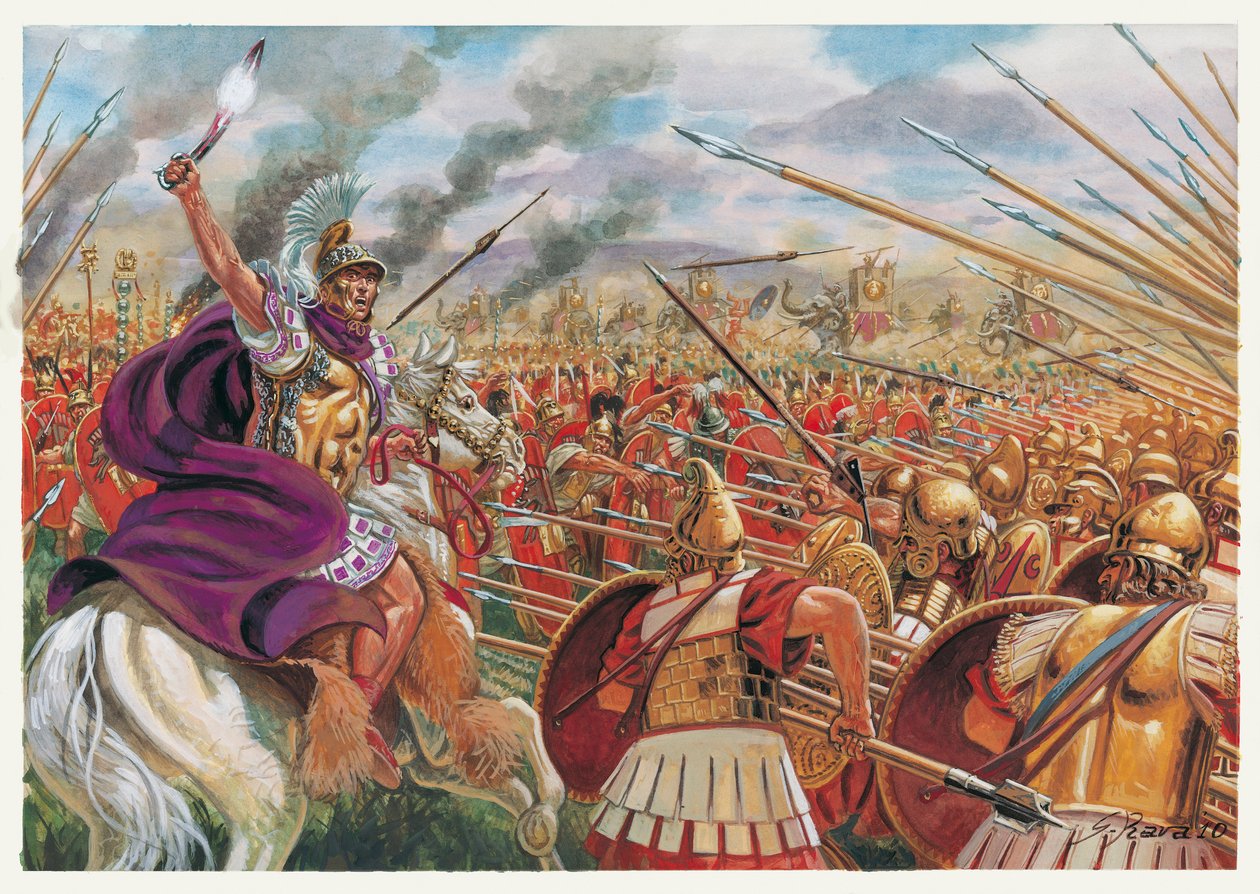 Římská antika: bitva u Ausculum (279 př. n. l.) mezi římskou armádou vedenou Publiem Deciem Musem a koaličními oddíly Epire, Taranto, Oscus, Samnites pod velením epirejského krále Pyrrha I. - bitva u Asculum (279 př. n. l.) mezi Římany. od Giuseppe Rava