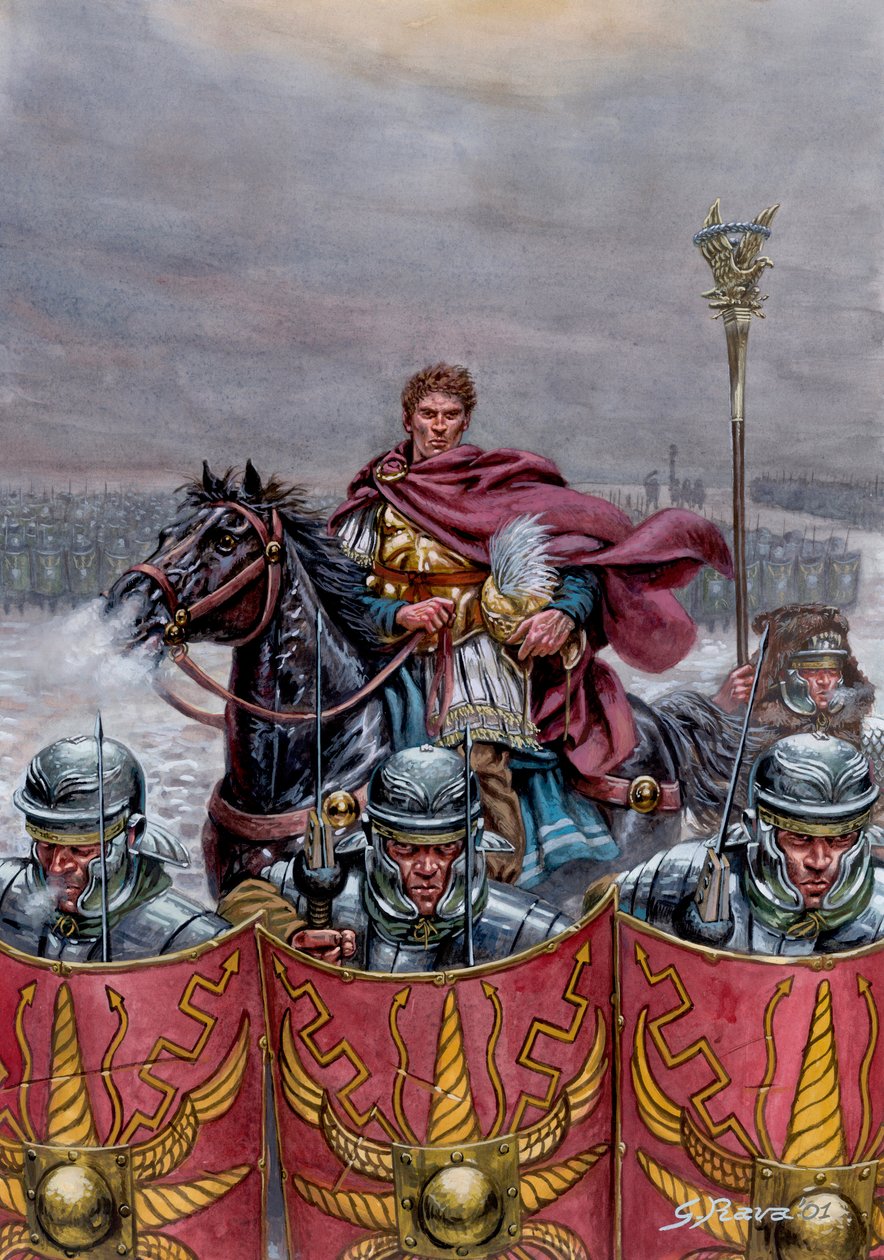 Římská antika: Římské vojsko u Hadriánova valu ve Skotsku, 2. století n. l. - Ilustrace Giuseppe Rava od Giuseppe Rava