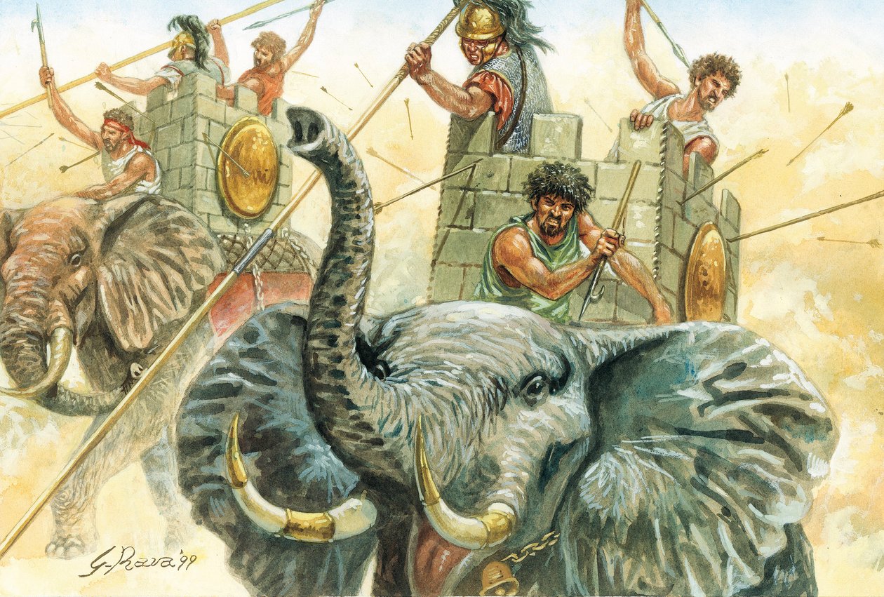 Římská antika: Hannibalovi sloni - vyobrazení slonů, kteří umožnili generálu Hannibalovi (247-183 př. n. l.) překročit Alpy v roce 218 př. n. l. během druhé punské války Ilustrace Giuseppe Rava od Giuseppe Rava