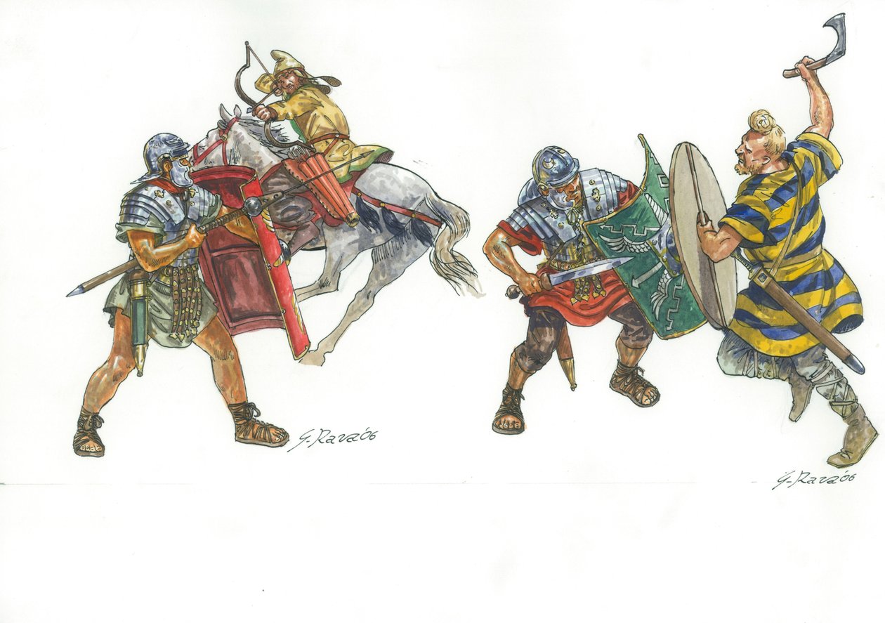 Římští legionáři bojující s parthským jízdním lučištníkem a franským válečníkem od Giuseppe Rava