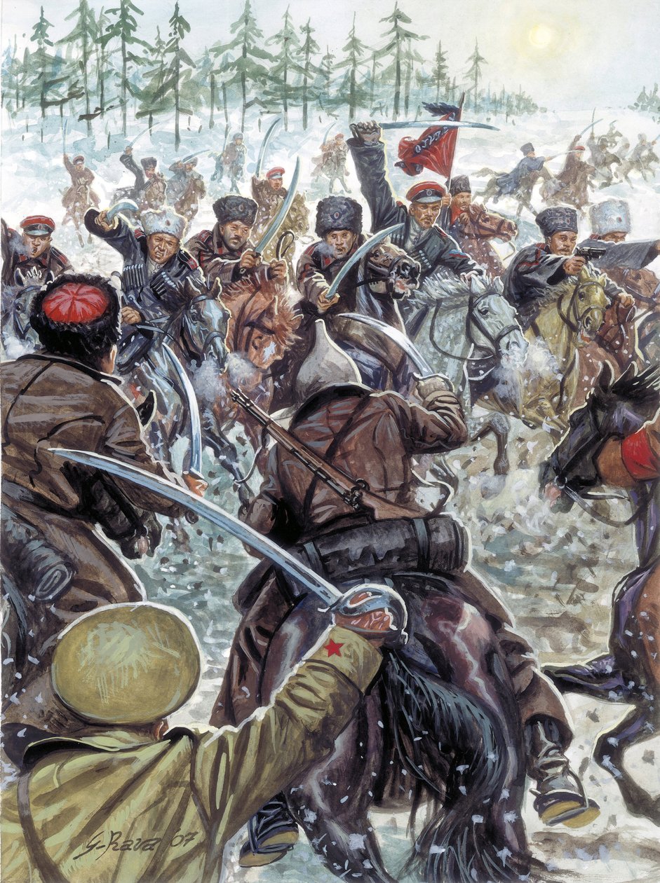 Ruská občanská válka (1917-1923): Ruská občanská válka: kozáci bojující proti bílé ruské armádě v roce 1919 - Ilustrace Giuseppe Rava od Giuseppe Rava