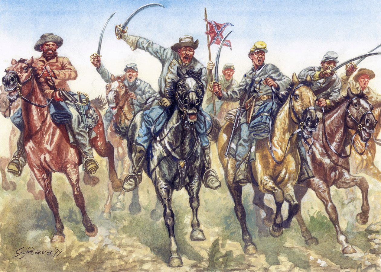 Secesionální válka (1861-1865) - Americká občanská válka: konfederační kavalerie útočí - Ilustrace Giuseppe Rava od Giuseppe Rava