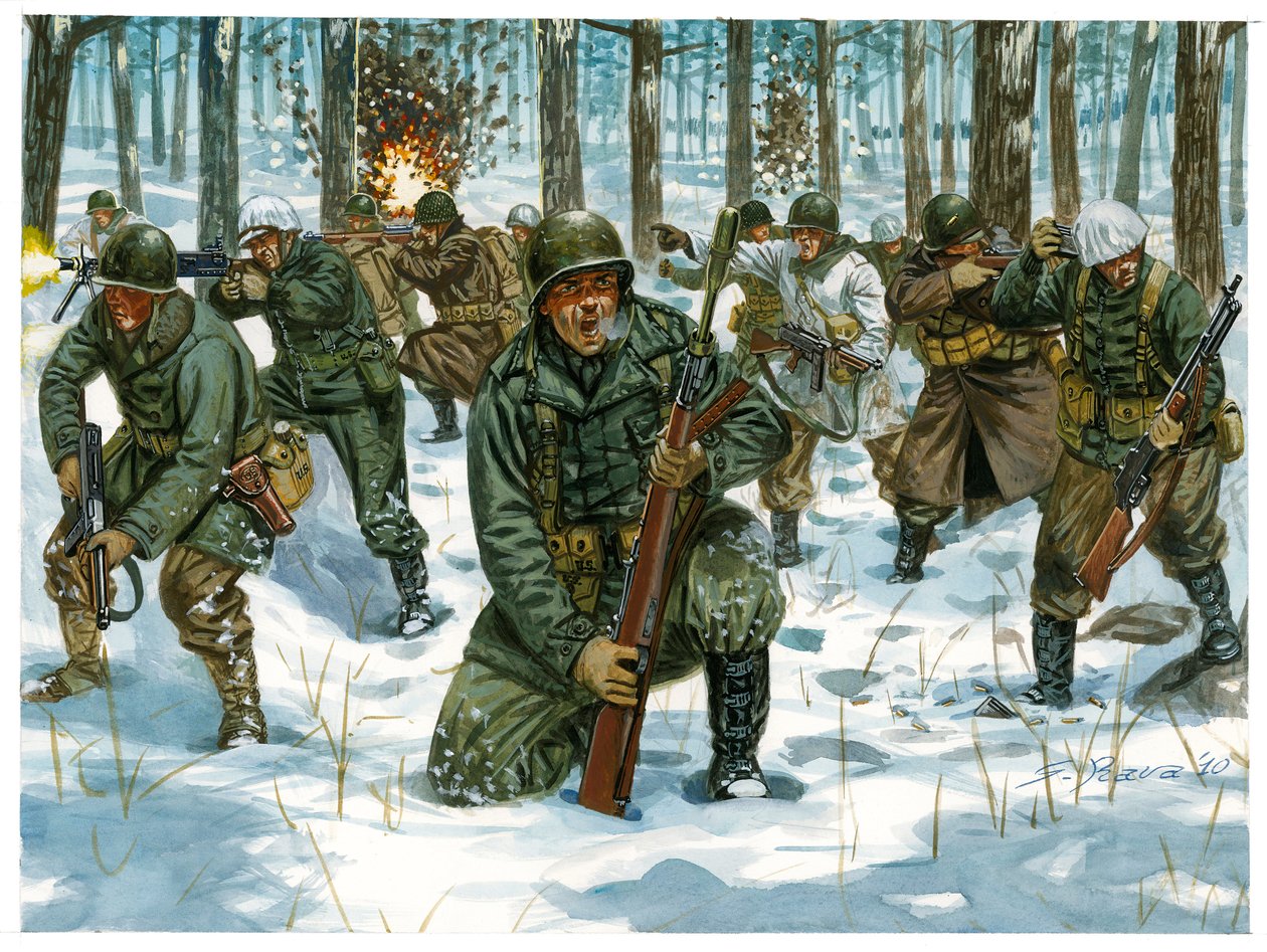 Druhá světová válka: Ofenzíva americké pěchoty v bitvě v Ardenách u Bastogne, prosinec 1944 - Druhá světová válka: americká ofenzíva během bitvy v Ardenách, prosinec 1944 - Ilustrace Giuseppe Rava od Giuseppe Rava