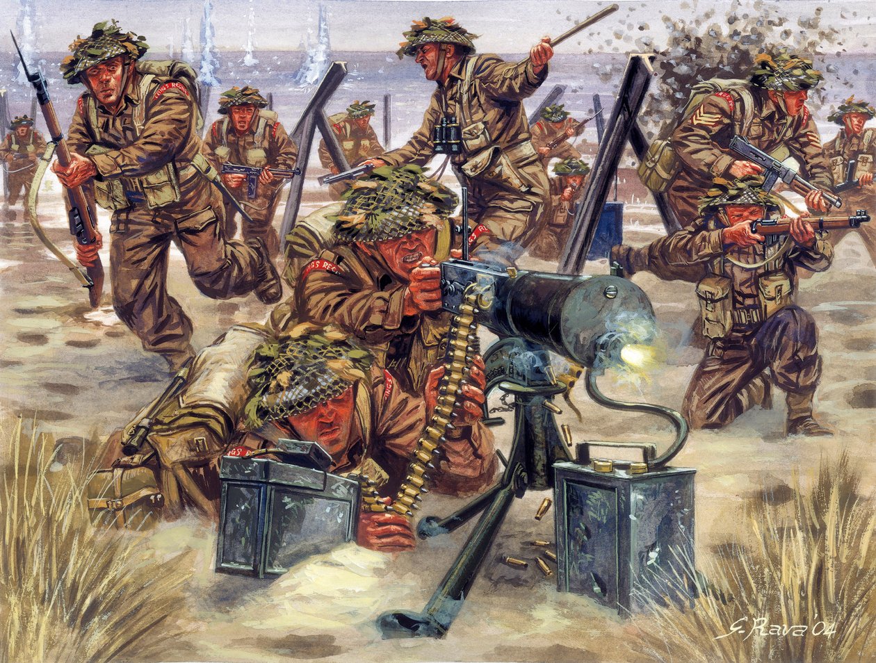 Druhá světová válka: vylodění v Normandii v červnu 1944, angličtí vojáci - druhá světová válka: Ilustrace: Giuseppe Rava, vylodění v Normandii, britští vojáci, 6. června 1944 od Giuseppe Rava
