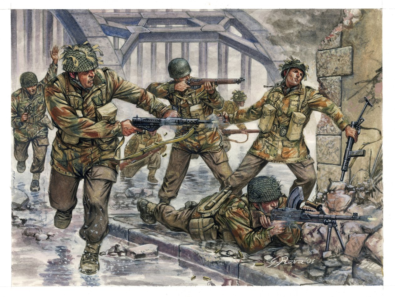 Druhá světová válka: Angličtí výsadkáři přezdívaní "Rudí ďáblové" během operace Market Garden v Holandsku v září 1944 - druhá světová válka: Ilustrace Giuseppe Rava: Operace Market Garden, britští výsadkáři známí jako "rudí ďáblové" v září 1944 - Ilustrace od Giuseppe Rava
