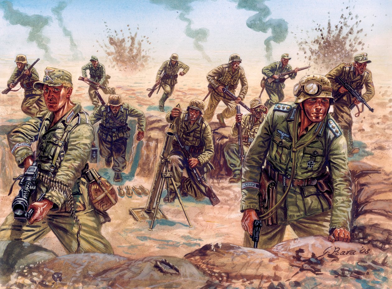 Druhá světová válka, kampaň v severní Africe: voják Deutsches Afrikakorps (Afrika Korps, Afrikakorps nebo DAK), německých expedičních sil, v Libyjské poušti od Giuseppe Rava