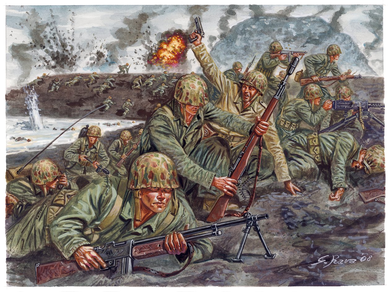 Druhá světová válka, válka v Tichomoří: vylodění obojživelného sboru námořní pěchoty 19. 2. 1945 během bitvy o Iwo Jimu v Japonsku - druhá světová válka, válka v Tichomoří: Bitva o Iwo Jimu (operace Detachment), obojživelný výsadek americké námořní pěchoty od Giuseppe Rava