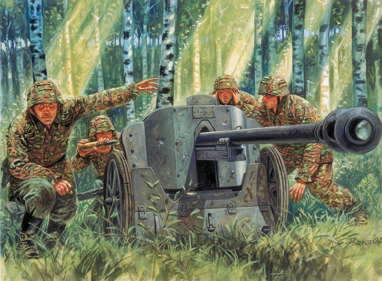 Druhá světová válka: Panzerabwehrkanone 38 nebo Pak 38, německý protitankový kanón - Druhá světová válka: 5 cm Pak 38, německý protitankový kanón ráže 50 mm - Ilustrace Giuseppe Rava od Giuseppe Rava