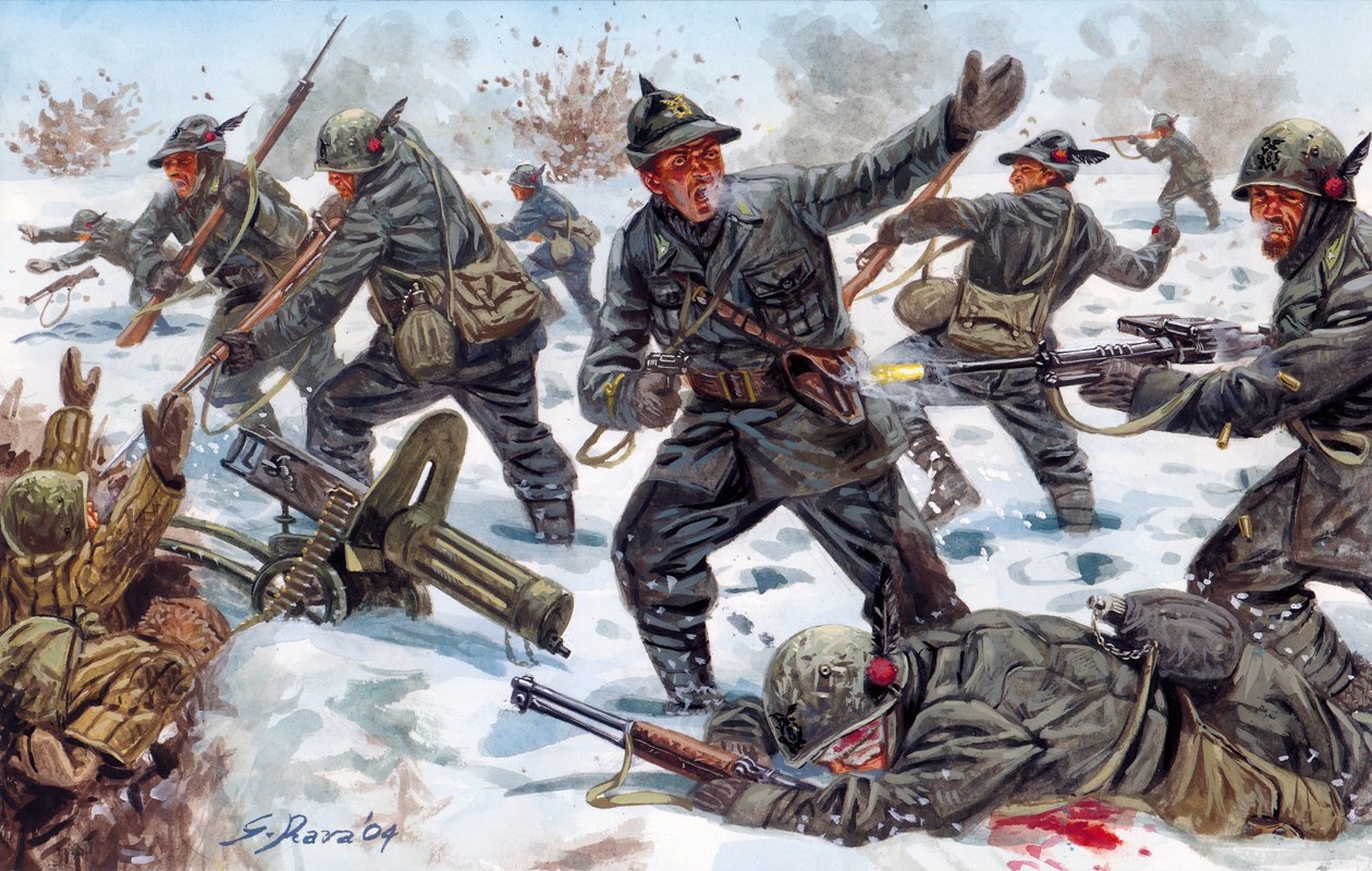 Druhá světová válka, ruská fronta: Druhá světová válka, ruská fronta: italští alpinisté v Rusku, leden 1943 - Ilustrace Giuseppe Rava od Giuseppe Rava