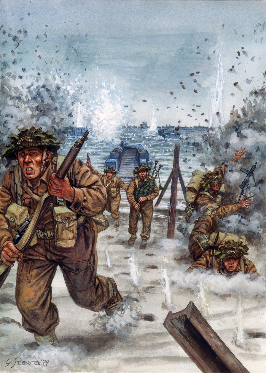 Druhá světová válka: skotští vojáci při vylodění v Normandii 6. 6. 1944 - 2. světová válka, den D: Skotští vojáci v den vylodění v Normandii, 6. června 1944 - Ilustrace Giuseppe Rava od Giuseppe Rava