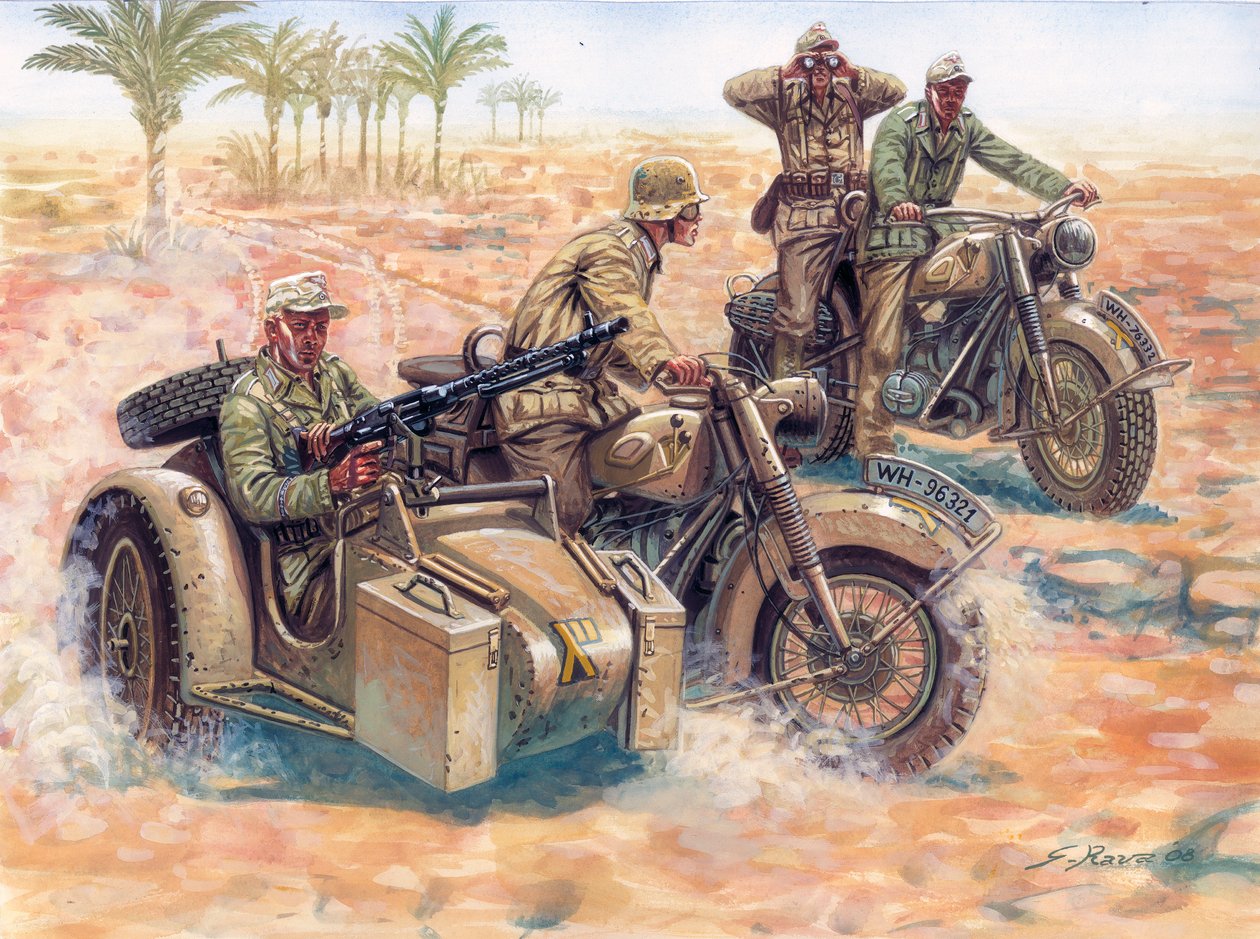 Druhá světová válka: Deutsches Afrikakorps (DAK Afrika Korps)) se pohybuje v libyjské poušti v sajdkárách BMW od Giuseppe Rava