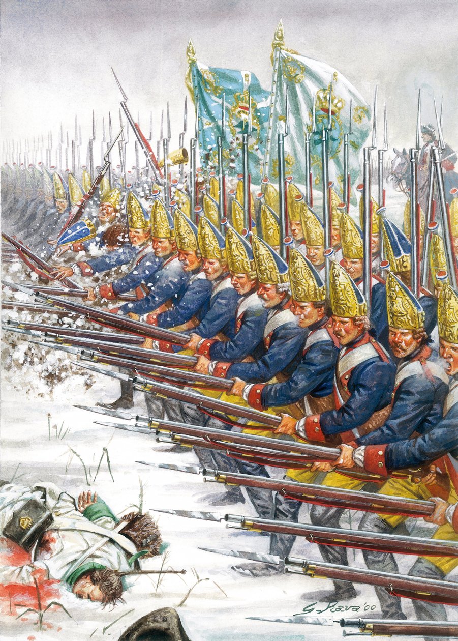 Sedmiletá válka: Granátníci pruské armády v bitvě u Leuthenu, 5. prosince 1757 - Přehlídka Postupimské gardy u Leuthenu, 5. prosince 1757 během sedmileté války - Ilustrace Giuseppe Rava od Giuseppe Rava