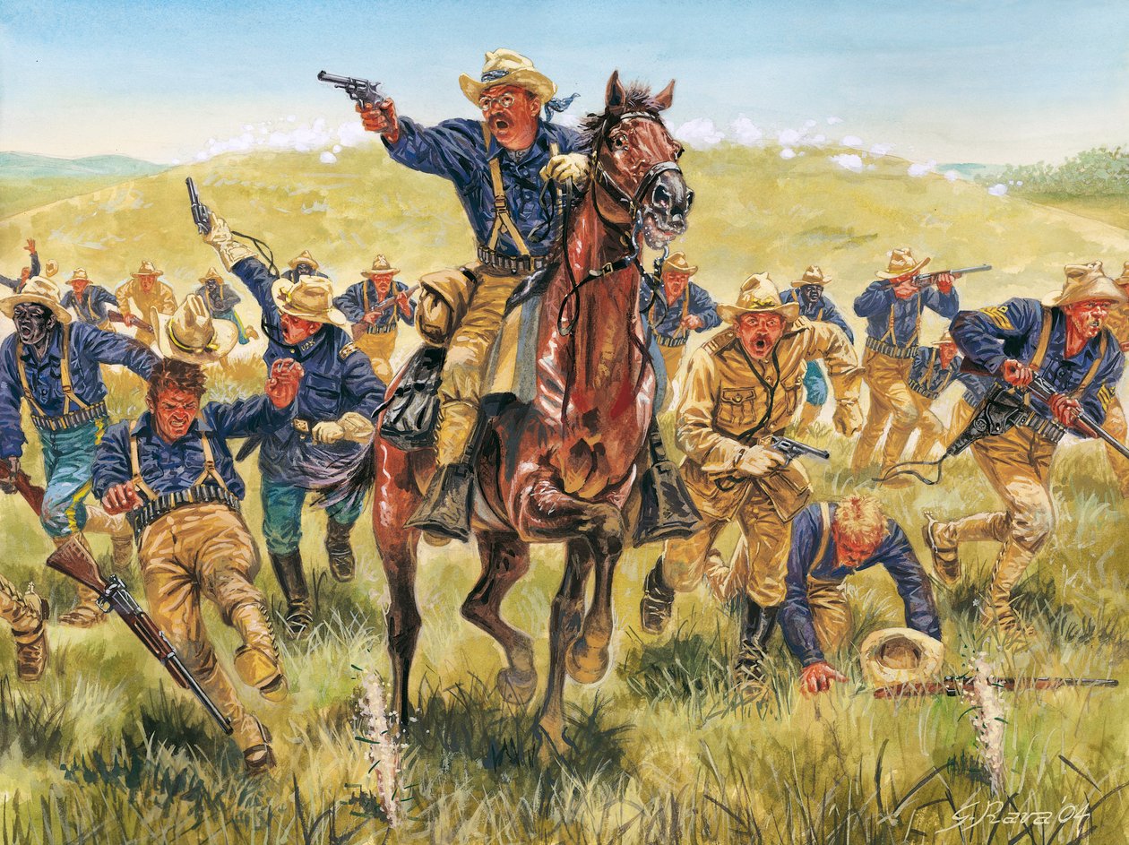 Španělsko-americká válka nebo válka o nezávislost Kuby (1868-1898) mezi Španělskem a Severní Amerikou: portrét amerického vojáka a politika Theodora Roosevelta (1858-1919), jak nabíjí Drsné jezdce na Kubě - Španělsko-americká válka (kubánská válka za nezáv od Giuseppe Rava