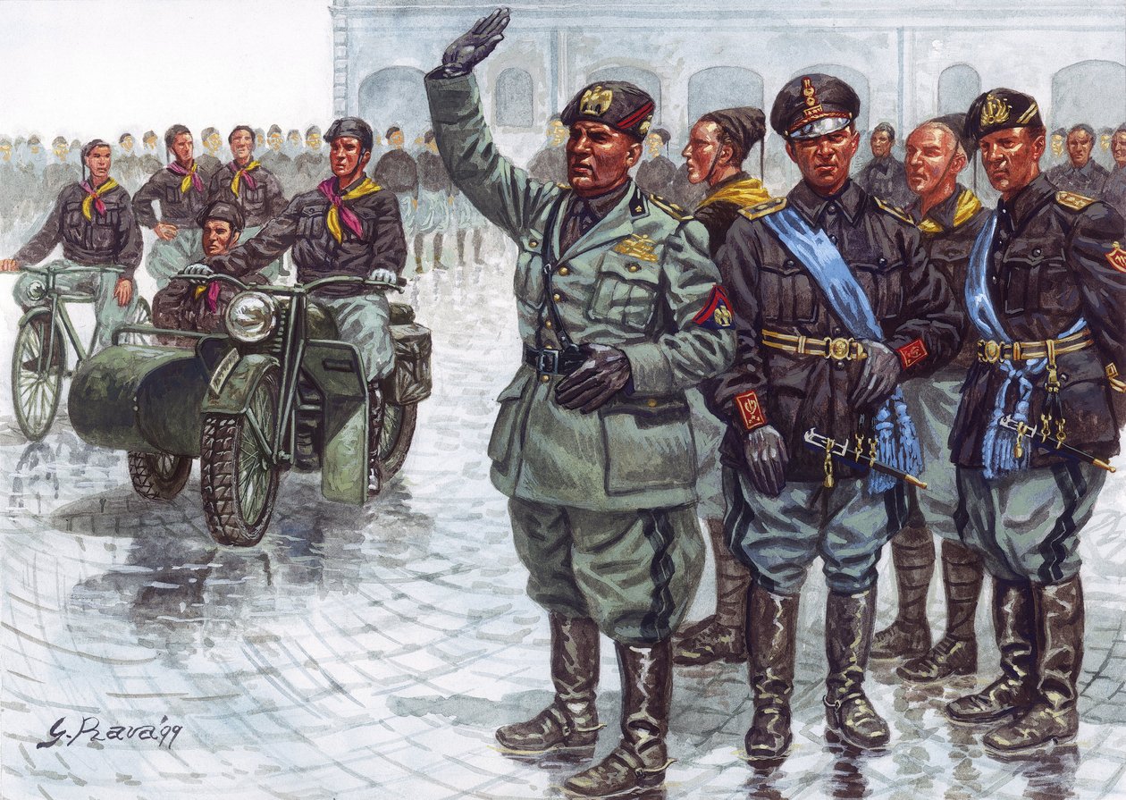 Duce Benito Mussolini (1883-1945) v doprovodu svých Černých košil (Camicie nere), jak se zdraví fašistickou armádou během vojenské přehlídky - Benito Mussolini a Černé košile během vojenské přehlídky - Ilustrace Giuseppe Rava od Giuseppe Rava