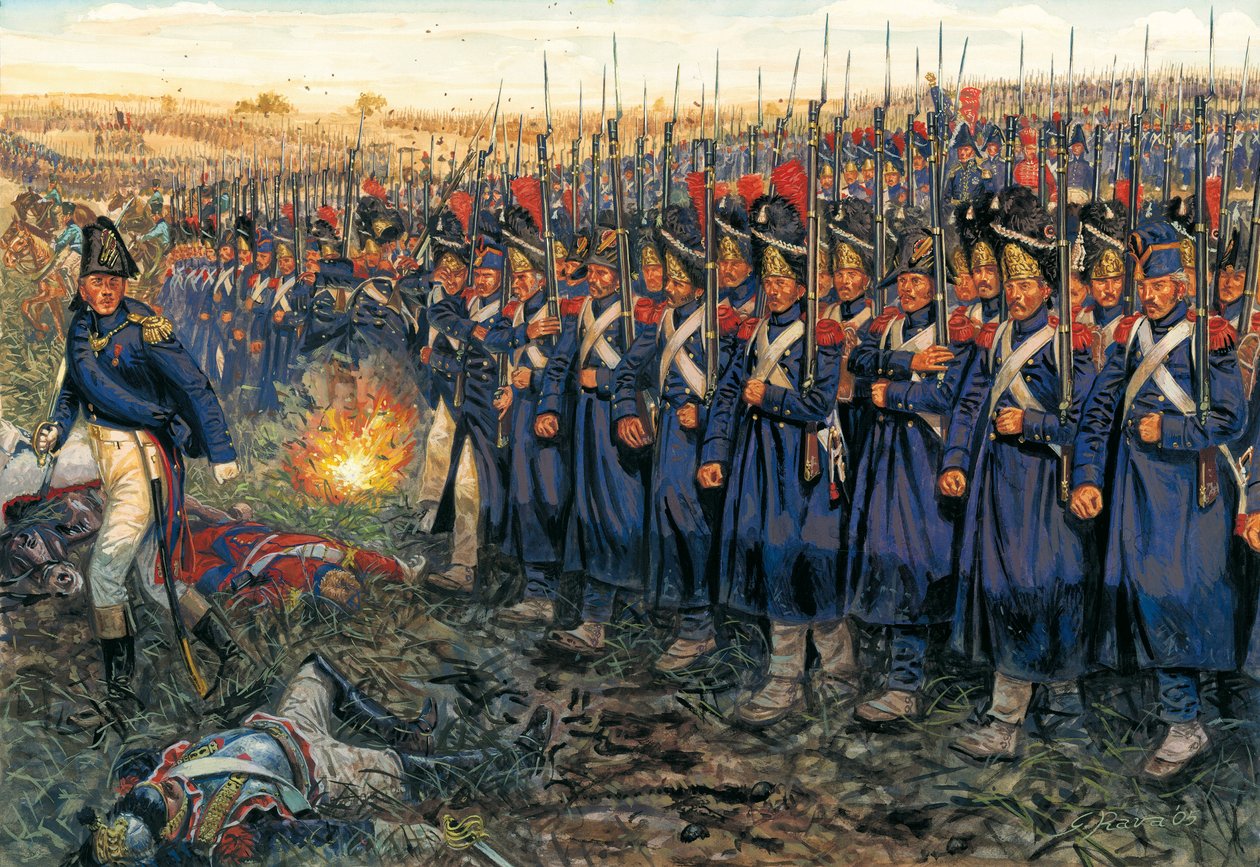 Útok střední gardy na Wellingtonův střed v bitvě u Waterloo 18. června 1815 "Císařská garda Napoleona I. (1769-1821) pochodující na vojska vévody z Wellingtonu v bitvě u Waterloo". od Giuseppe Rava