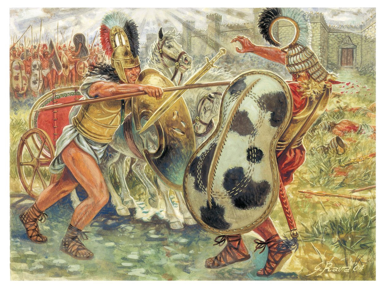 Trojská válka: Achilles bojuje s Hektorem, aby pomstil Patrokla - Trojská válka: Achilles bojuje s Hektorem, aby pomstil Patroklovu smrt - Ilustrace Giuseppe Rava od Giuseppe Rava