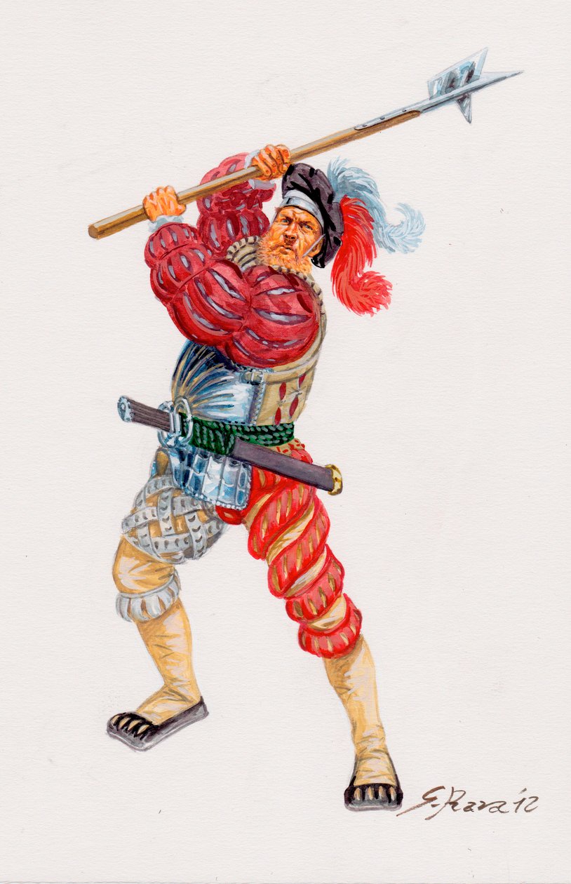 Un Lansquenet, němečtí žoldnéřští pikenýři- a Landsknecht German mercenary pikemen - Ilustrace Giuseppe Rava od Giuseppe Rava