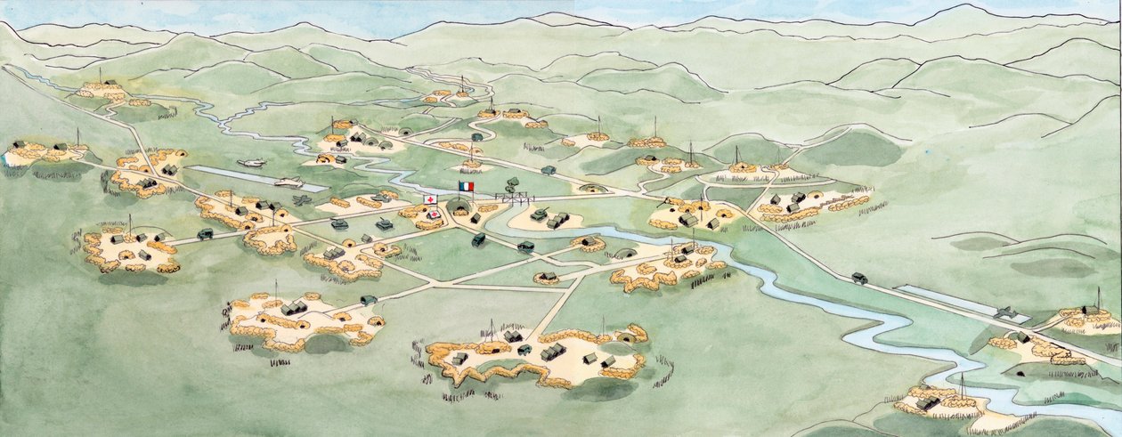 Indočínská válka: První válka v Indočíně: plán bitvy u Dien Bien Phu (Dien-Bien-Phu) mezi francouzskou a vietnamskou armádou od listopadu 1953 do května 1954 - První válka v Indočíně: mapa bitvy u Dien Bien Phu mezi Francouzskou dálněvýchodní expedicí Fran od Giuseppe Rava