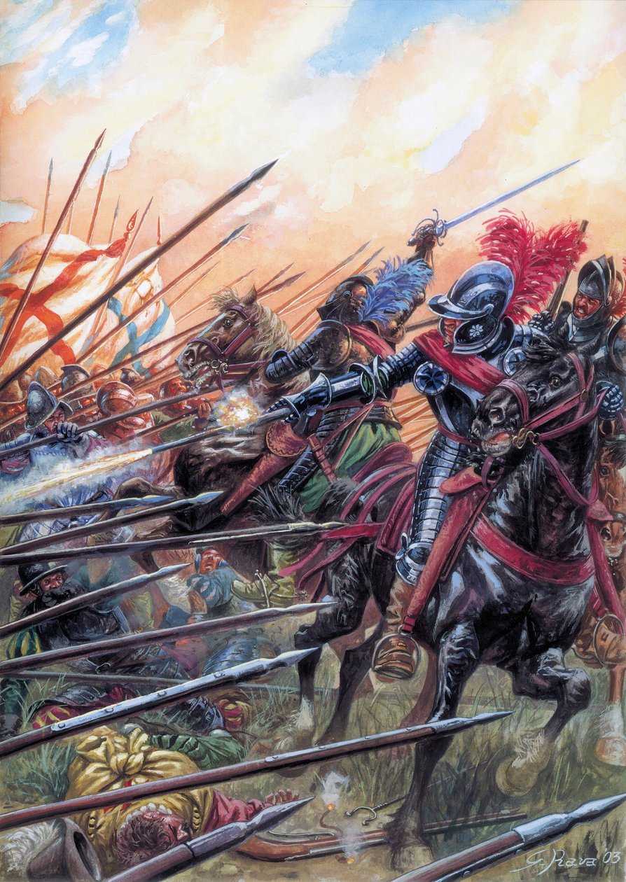 Náboženské války: Bitva u Ivry 14. března 1590 přinesla vítězství královské armády nad Katolickou ligou - Bitva u Ivry, která se slavila 14. března 1590 během francouzských náboženských válek - Ilustrace Giuseppe Rava od Giuseppe Rava