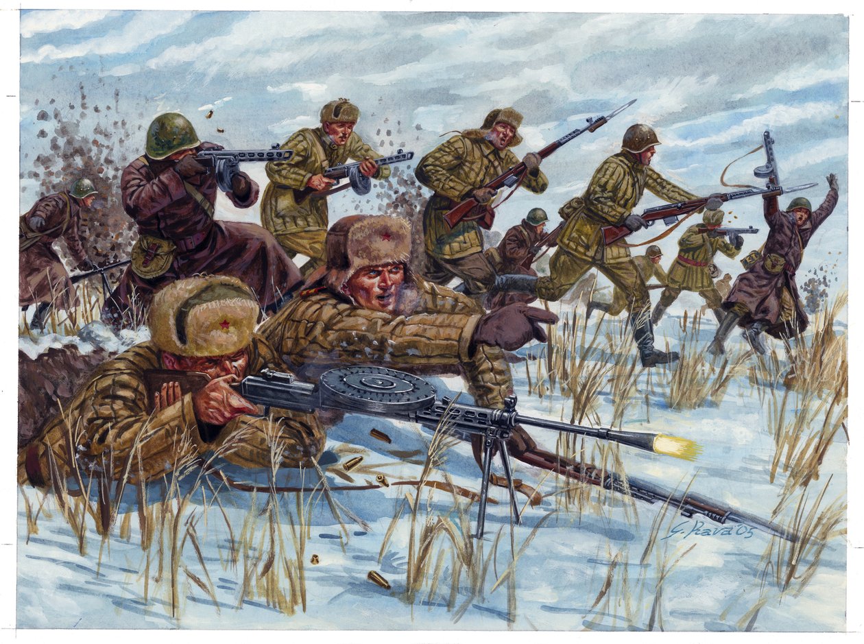 Druhá světová válka: Ruští pěšáci postupují na bitevním poli - Druhá světová válka: ruští pěšáci postupují na bitevním poli - Ilustrace Giuseppe Rava od Giuseppe Rava