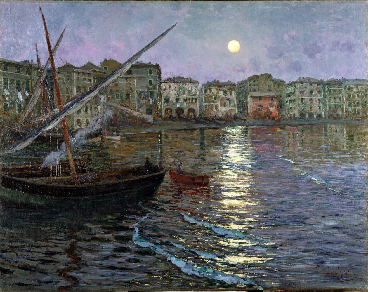 Poesia Lunare Port in the Moonlight (Pohled na přístav v měsíčním světle) (olej na plátně) od Giuseppe Sacheri