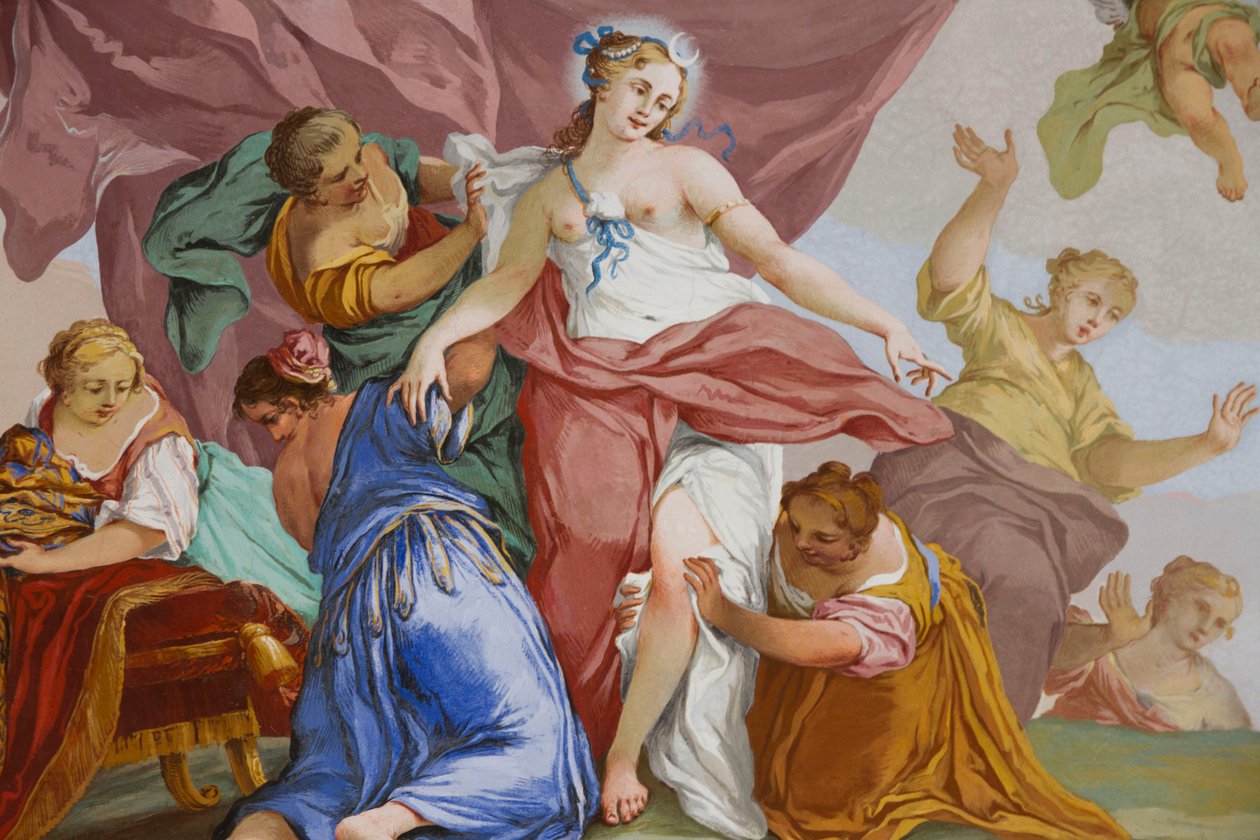 Reprezentace mýtu o Dianě, od Domenica a Giuseppe Valerianiových, freska, klenutý strop ložnice, královský byt, lovecká rezidence, od Filippa Juvarry (1678-1736), Stupinigi, Piemont, Itálie od Giuseppe and Valeriani Domenico Valeriani