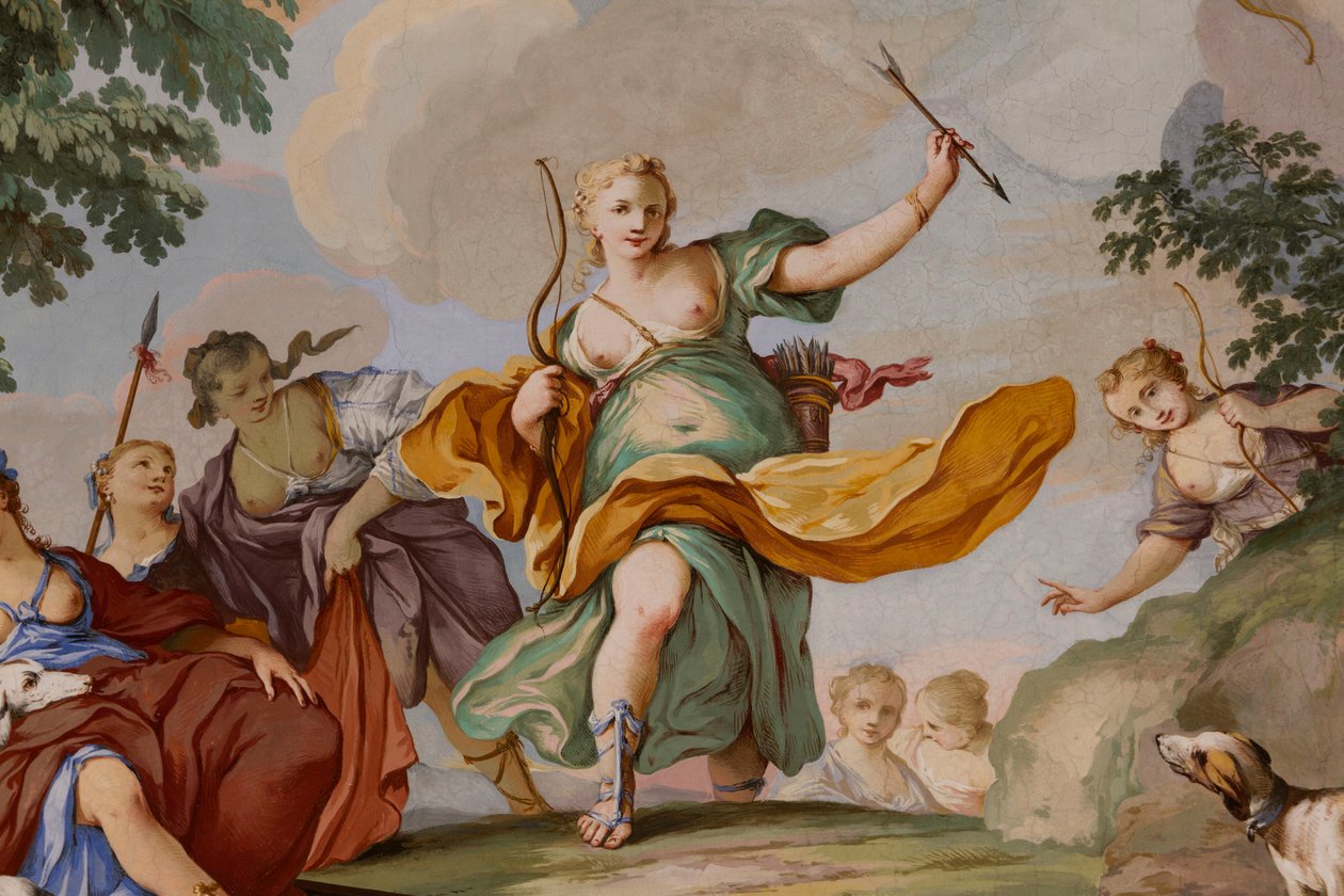 Reprezentace mýtu o Dianě, od Domenica a Giuseppe Valerianiových, freska, klenutý strop ložnice, královský byt, lovecká rezidence, od Filippa Juvarry (1678-1736), Stupinigi, Piemont, Itálie od Giuseppe and Valeriani Domenico Valeriani