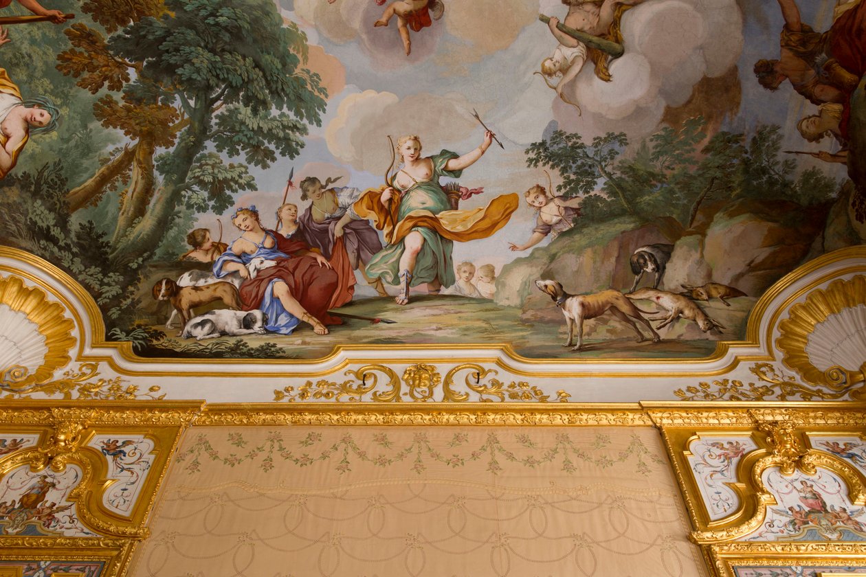 Reprezentace mýtu o Dianě, od Domenica a Giuseppe Valerianiových, freska, klenutý strop ložnice, královský byt, lovecká rezidence, od Filippa Juvarry (1678-1736), Stupinigi, Piemont, Itálie od Giuseppe and Valeriani Domenico Valeriani