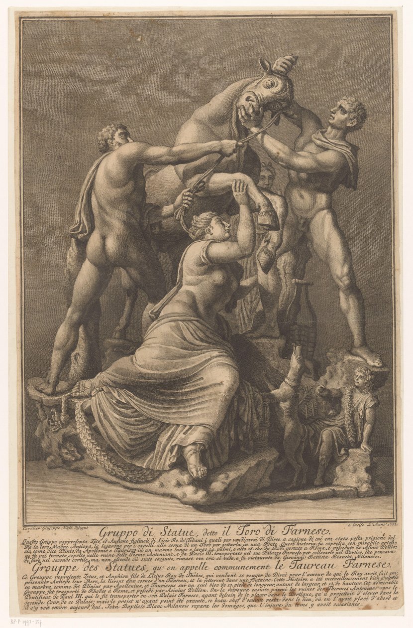 Dirce wordt aan een stier gebonden Farnese Stier Skupina soch, nazývaná Farnese Bull / Grouppe des Statues, qu 