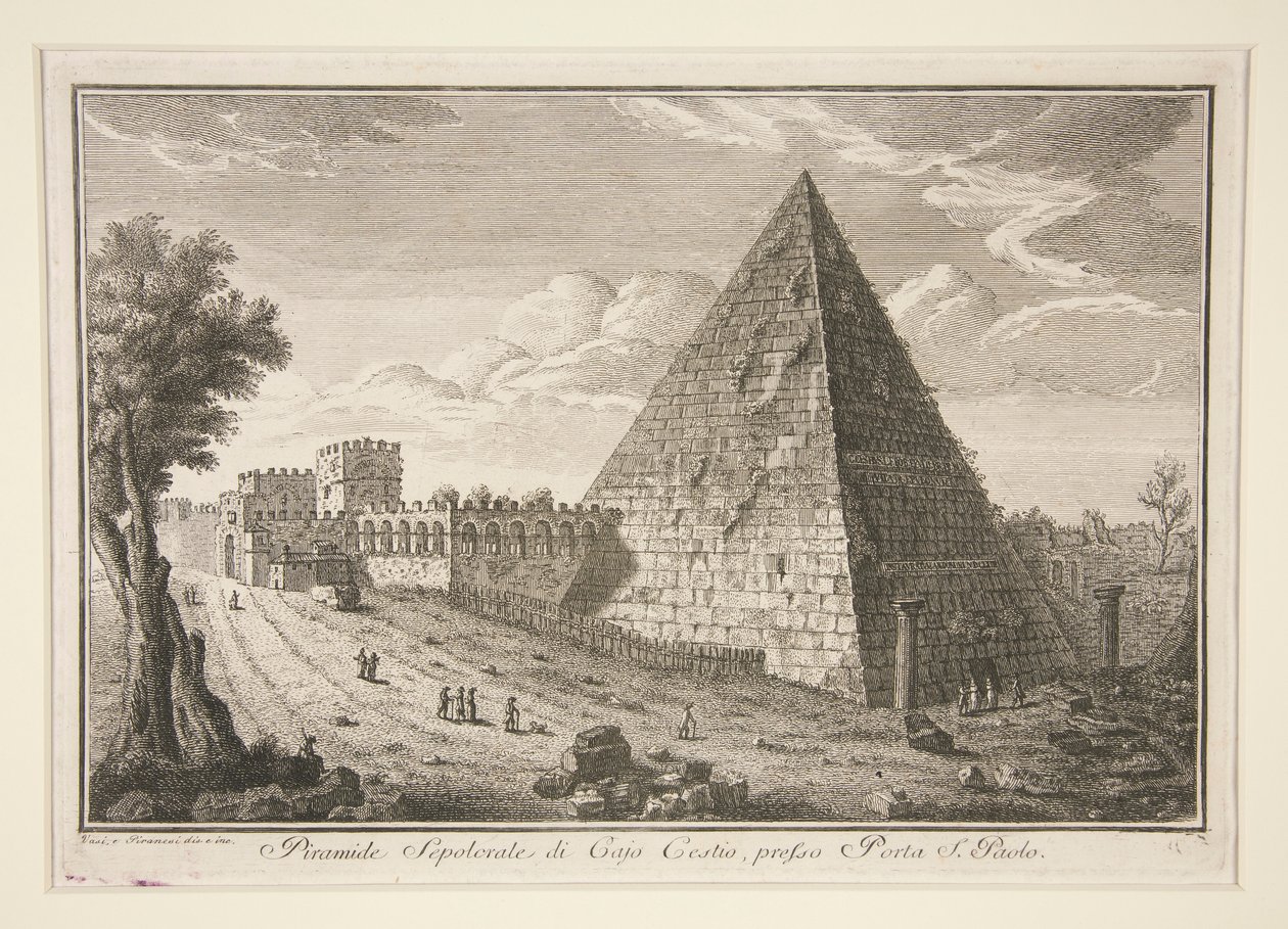 Hrobová pyramida Cajo Cestio, poblíž Porta S. Paolo (Pyramida Gaia Cestia) od Giuseppe Vasi