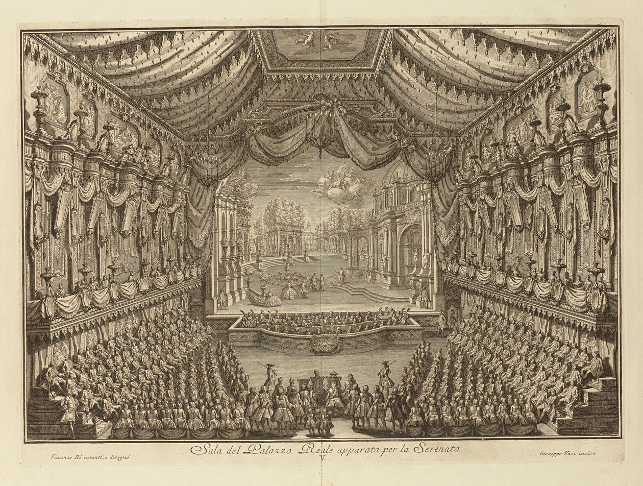 Představení La Serenaty v královském paláci v Neapoli par Vasi, Giuseppe (1710-1782). Mědirytina, rozměr : 41,5x62 od Giuseppe Vasi