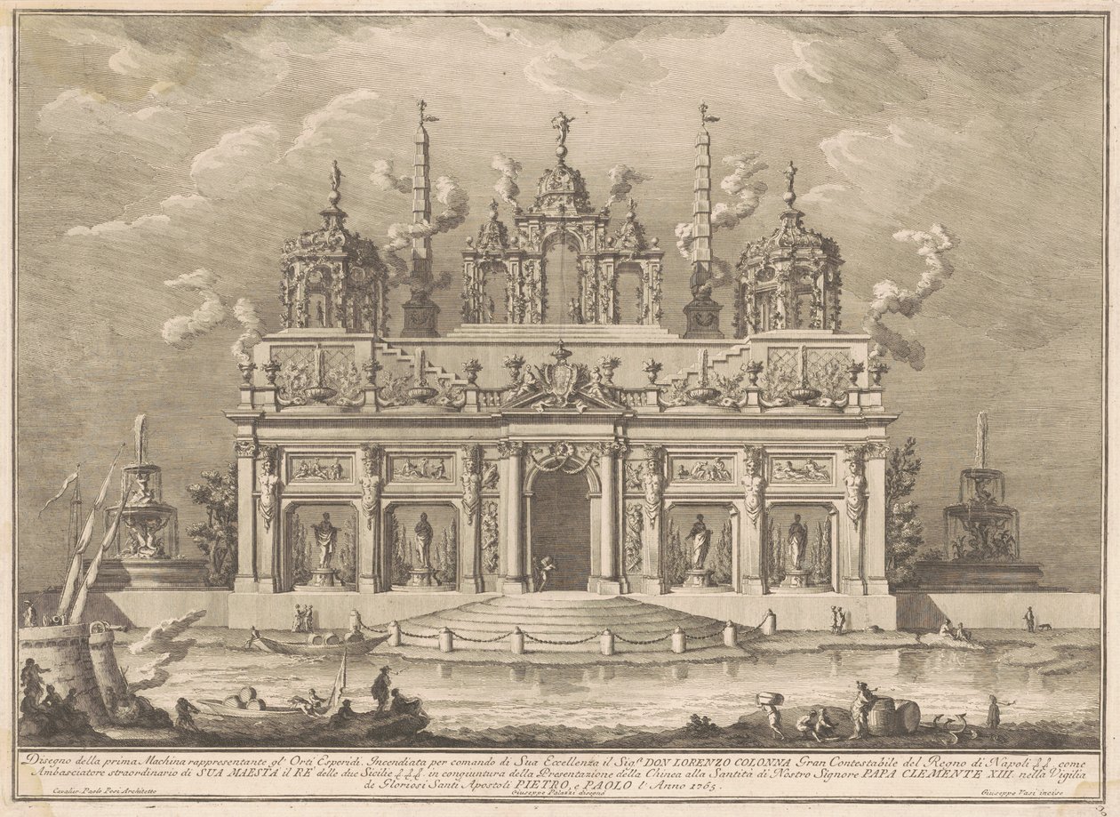 Prima Macchina pro Čínu z roku 1765: Zahrada Hesperidek od Giuseppe Vasi, after Giuseppe Palazzi, after Paolo Posi