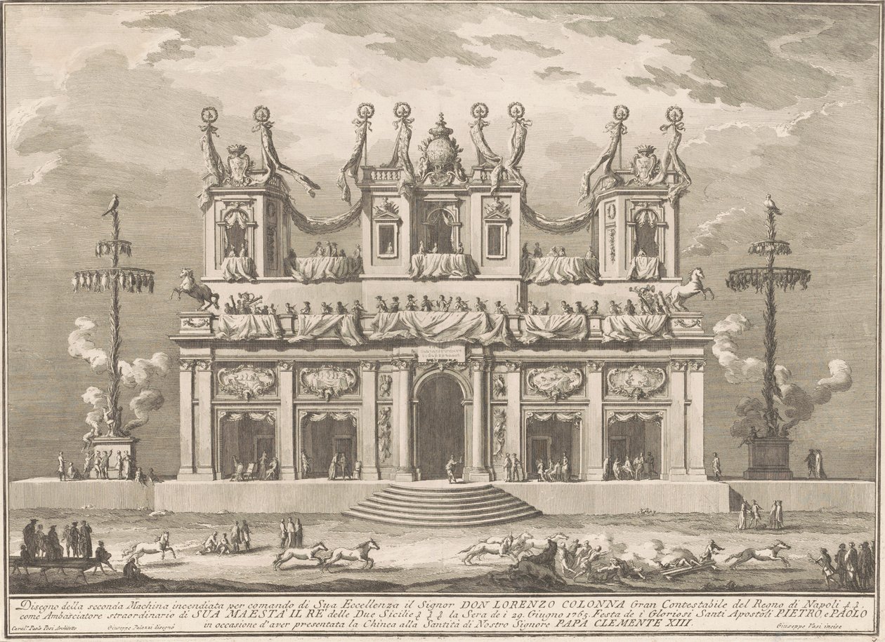 Seconda Macchina pro Čínu z roku 1765: Zdobená budova s Cockaigne Poláky od Giuseppe Vasi, after Giuseppe Palazzi, after Paolo Posi