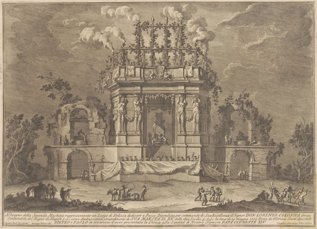 Seconda Macchina pro Čínu z roku 1771: Palác potěšení zasvěcený Bacchovi od Giuseppe Vasi, after Giuseppe Palazzi, after Paolo Posi