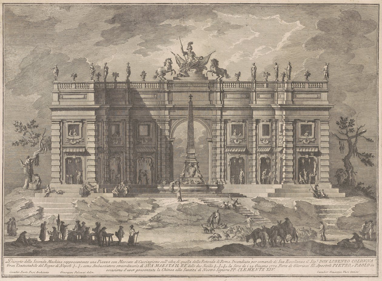 Seconda Macchina pro Čínu z roku 1772: náměstí s herním trhem a fontánou Pantheon od Giuseppe Vasi, after Giuseppe Palazzi, after Paolo Posi
