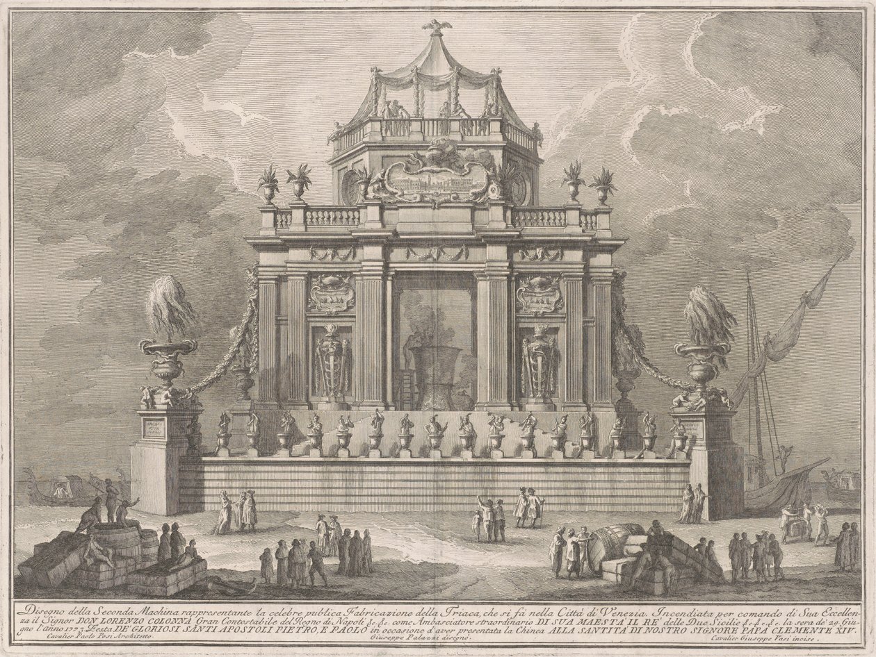 Seconda Macchina pro Čínu z roku 1773: Příprava Theriaka v Benátkách od Giuseppe Vasi, after Giuseppe Palazzi, after Paolo Posi