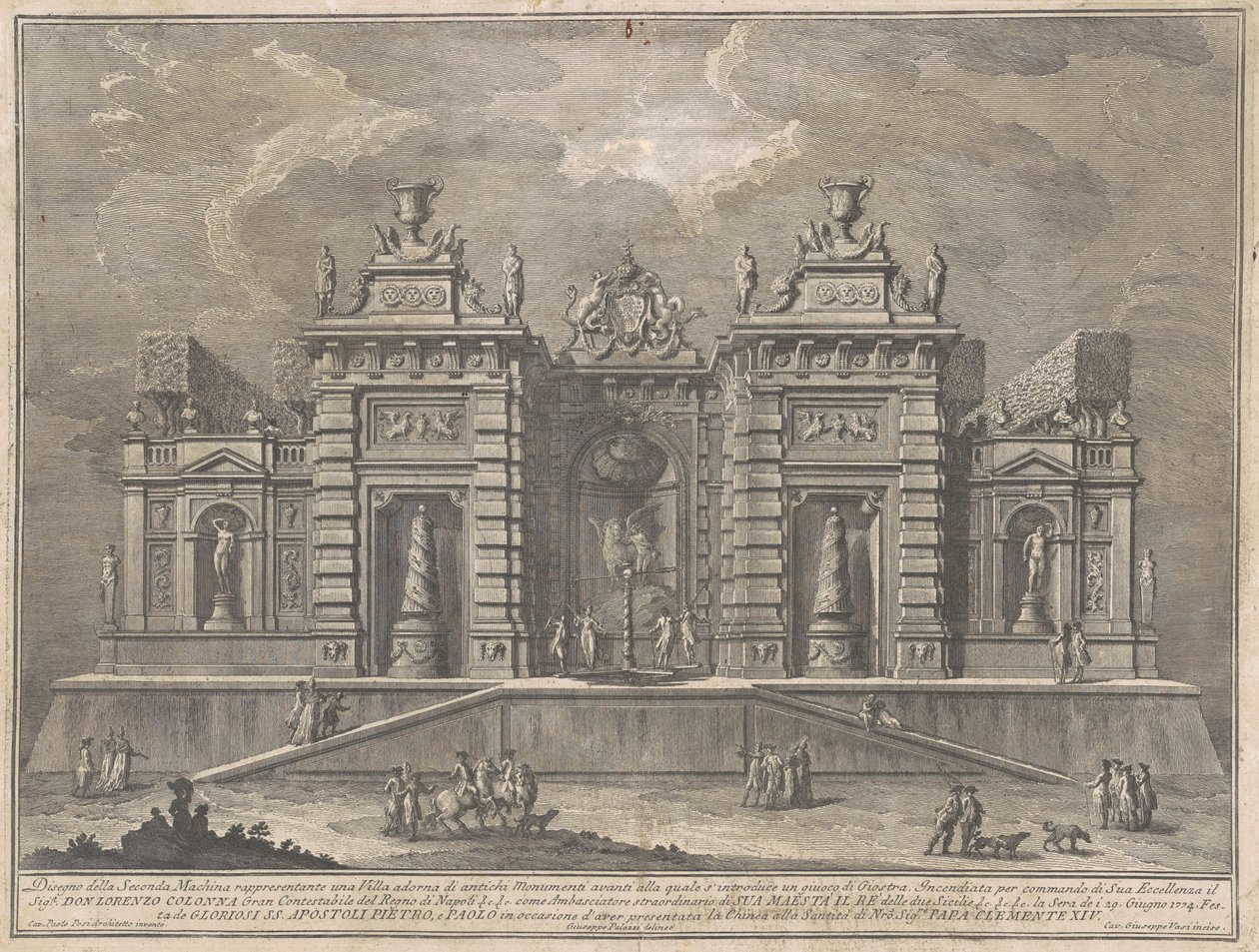 Seconda Macchina pro Čínu z roku 1774: Vila s antickými památkami a hrou „Giostra“ od Giuseppe Vasi, after Giuseppe Palazzi, after Paolo Posi