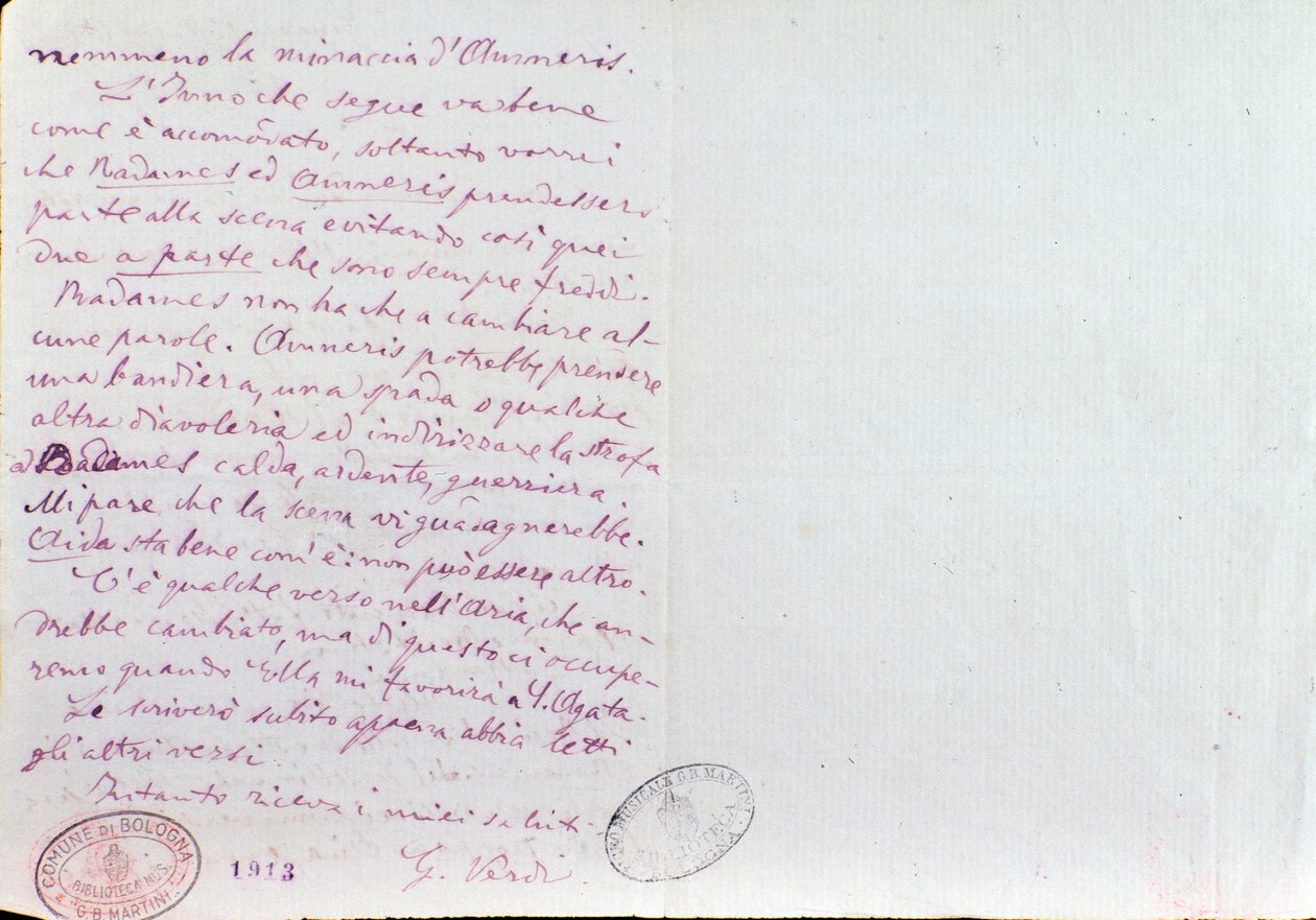 Ručně psaný dopis Giuseppe Verdiho autorovi libret Aida Antoniovi Ghislanzonimu od Giuseppe Verdi