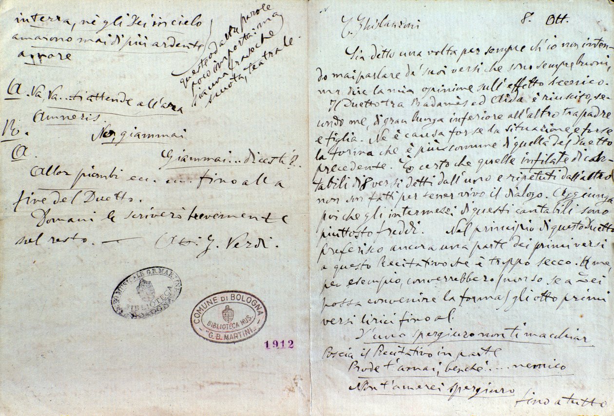 Ručně psaný dopis Giuseppe Verdiho autorovi libret Aida Antoniovi Ghislanzonimu od Giuseppe Verdi