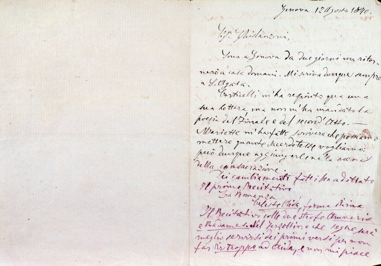 Ručně psaný dopis Giuseppe Verdiho autorovi libret Aida Antoniovi Ghislanzonimu od Giuseppe Verdi