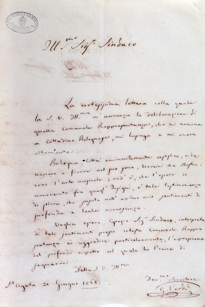 Ručně psaný dopis Giuseppe Verdiho starostovi Boloně, když se stal čestným občanem, 20. června od Giuseppe Verdi