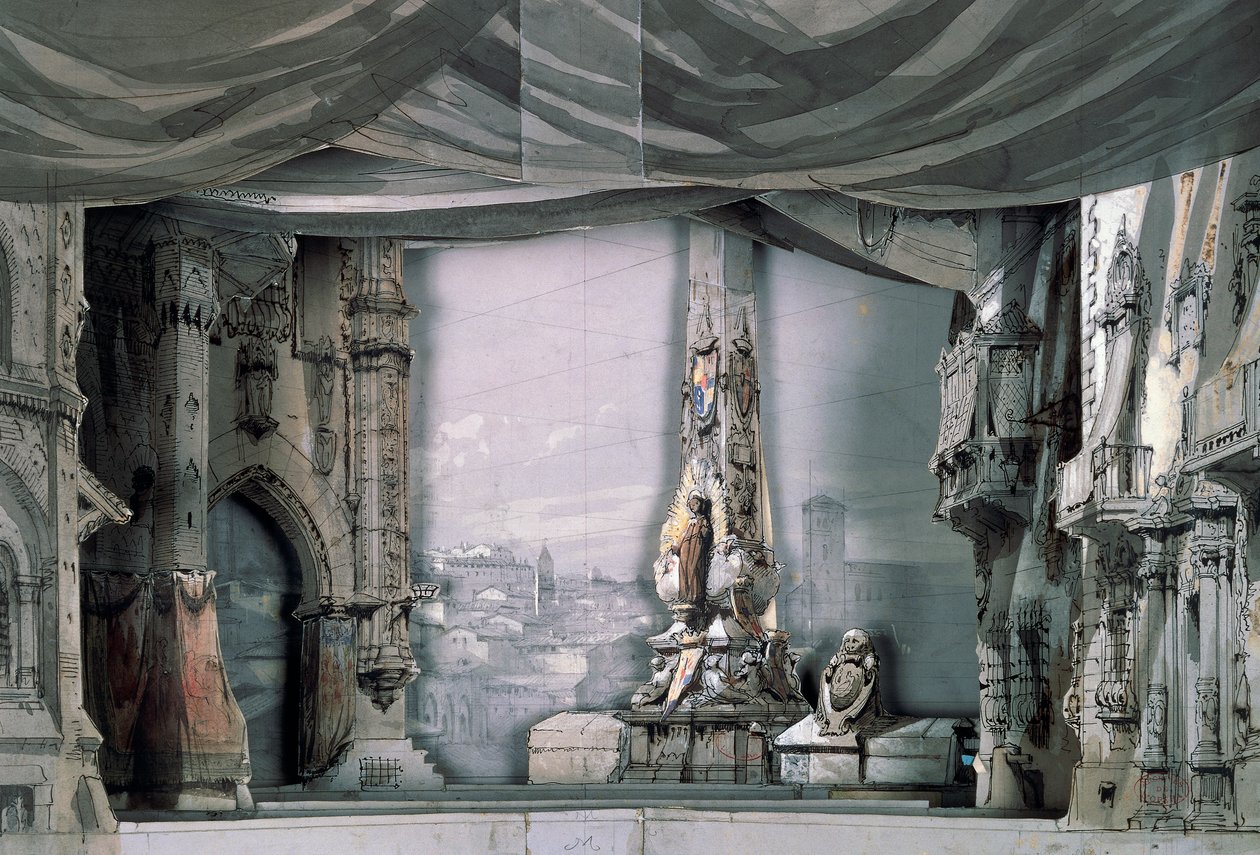 Náměstí před katedrálou Valladolid, dějství III, scéna IV, výprava Charlese Campona pro Dona Carlose od Giuseppe Verdiho (1813-1901), představení v Paříži, opera Salle Le Peletier, 11. března od Giuseppe Verdi
