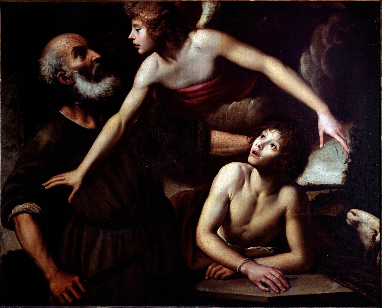 Oběť Izáka Anděl Zastavte ruku Abrahama (Izákova oběť) Obraz Giuseppe Vermiglio (1585-1635) Genes ze 17. století, Musei di Strada Nuova (ex Palazzo Bianco) od Giuseppe Vermiglio